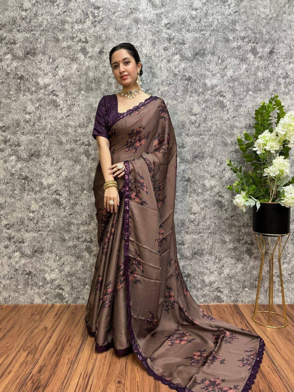 Georgette Satin Floral Digital Printed Saree - Mauve Brown